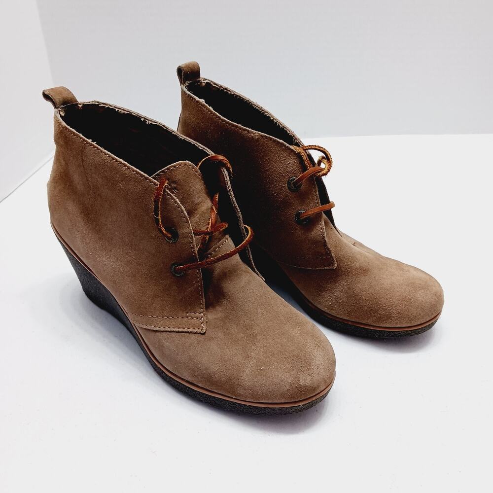 Shoes Bootie Women Brown Leather Harlow Griege Wedge Lace Up Preppy Size 7.5